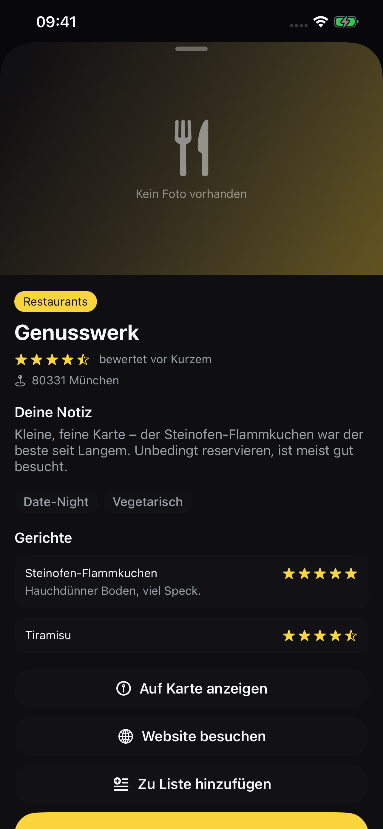 Detailansicht einer Restaurant-Bewertung in MemoRate