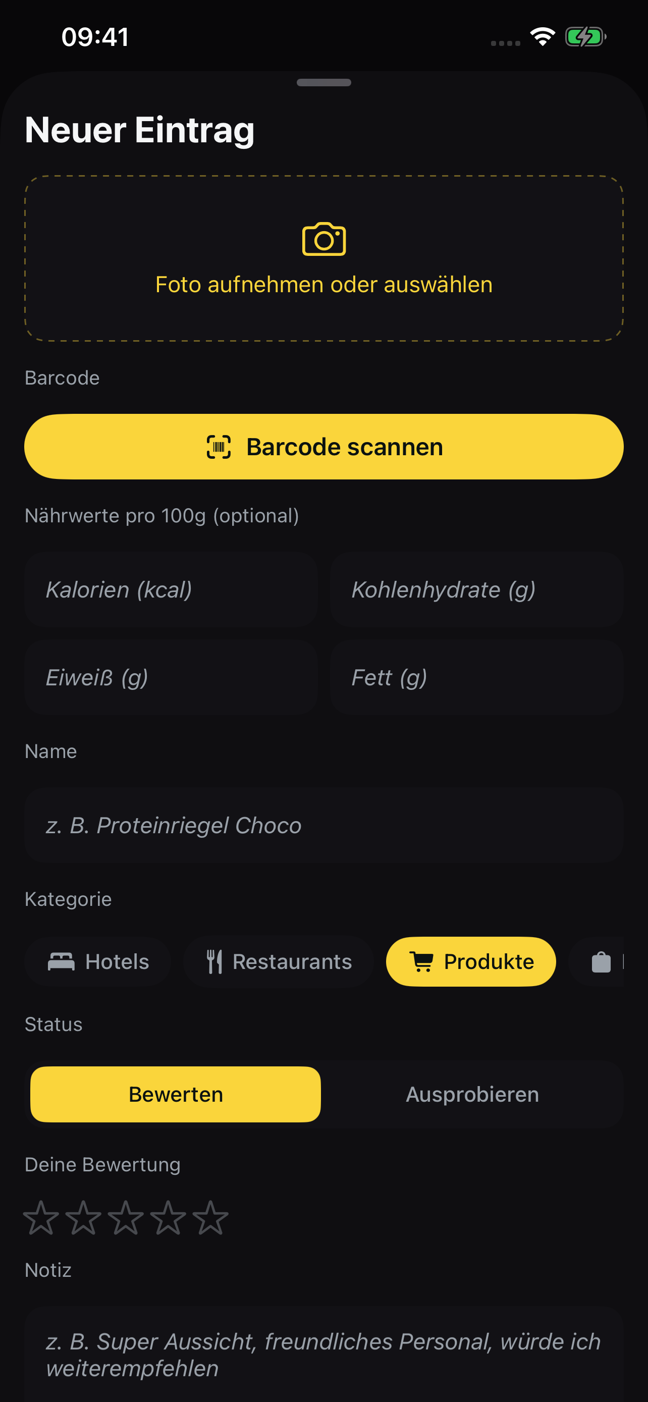 Formular für einen neuen Eintrag in MemoRate