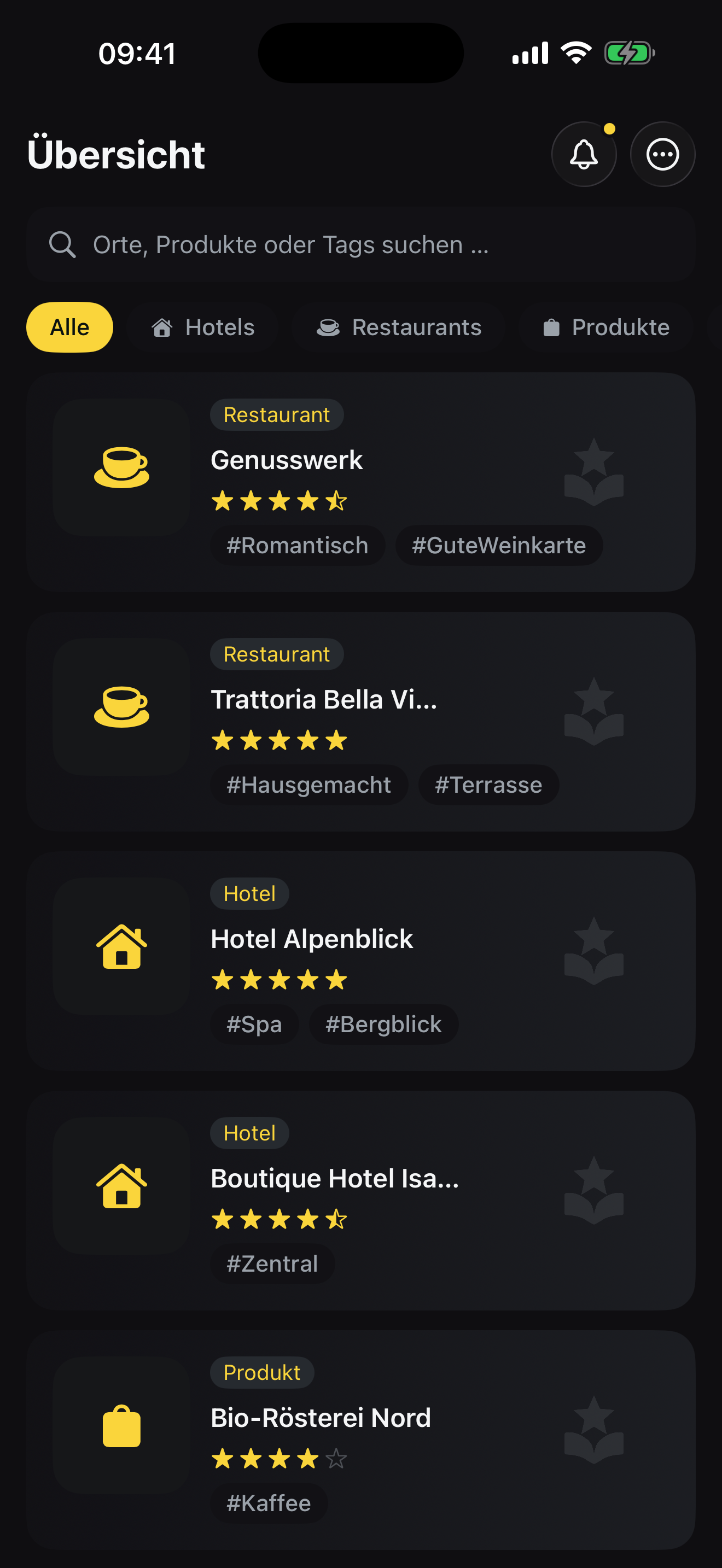MemoRate Übersicht-Feed mit mehreren bewerteten Orten