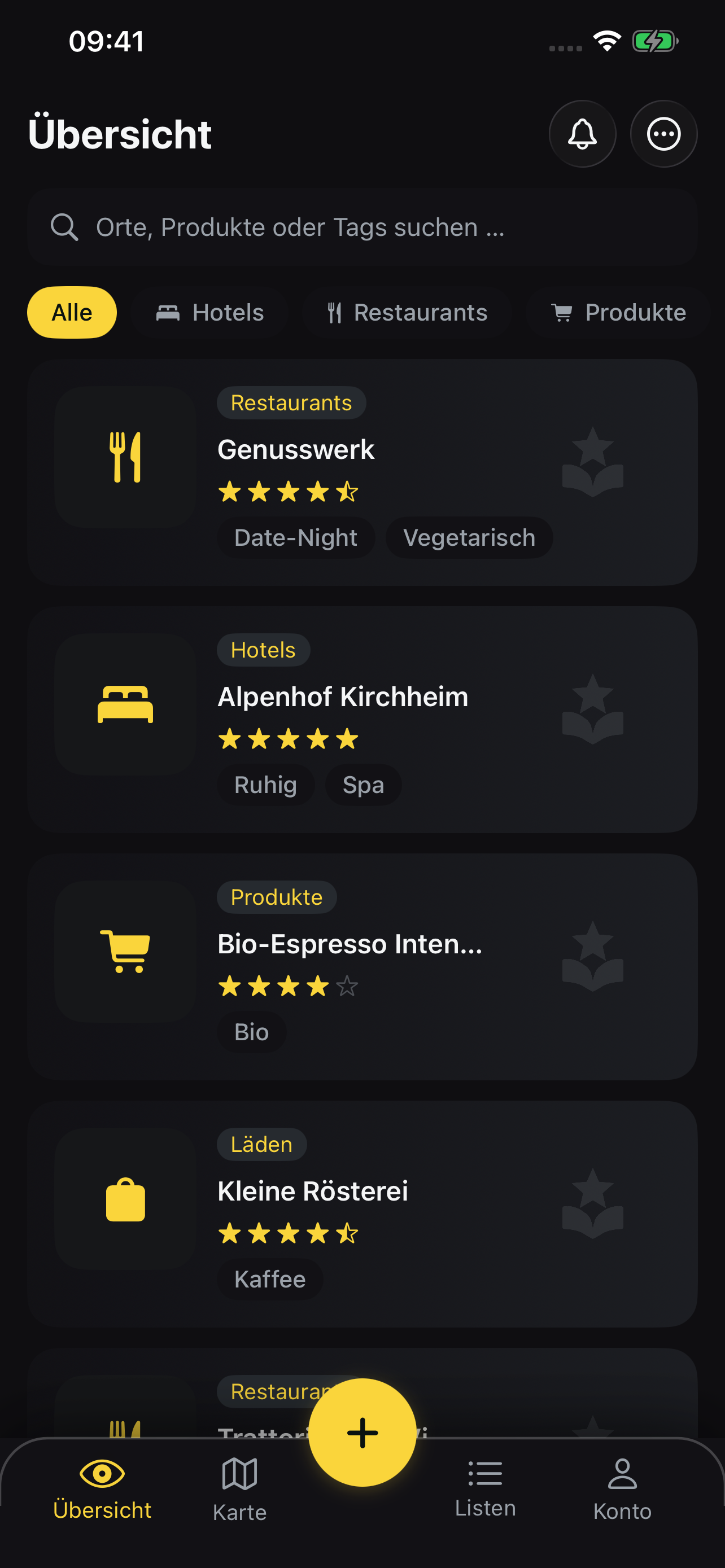 MemoRate Übersicht-Feed mit mehreren bewerteten Orten